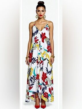 Tropical print v neck maxi dress